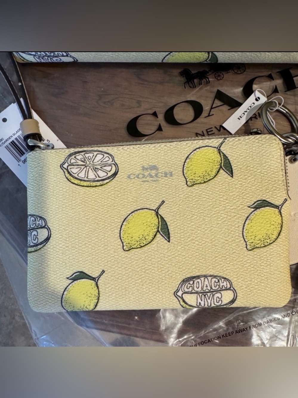 NWT Authentic Coach Yellow Lemon Print Zip Wristlet